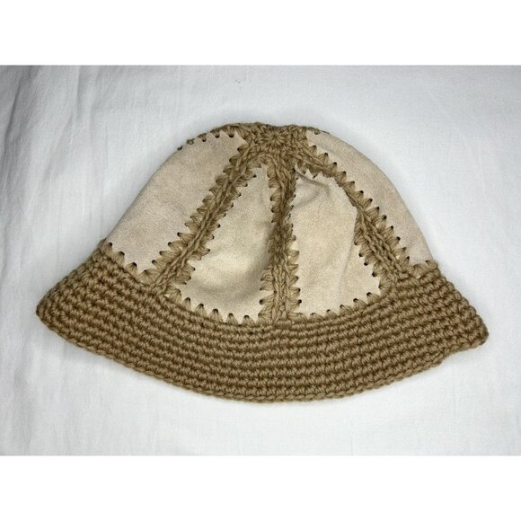 J Crew Hat Bucket Wool Suede OS Womens Crochet Leather Casual Unique Patchwork - Picture 3 of 7